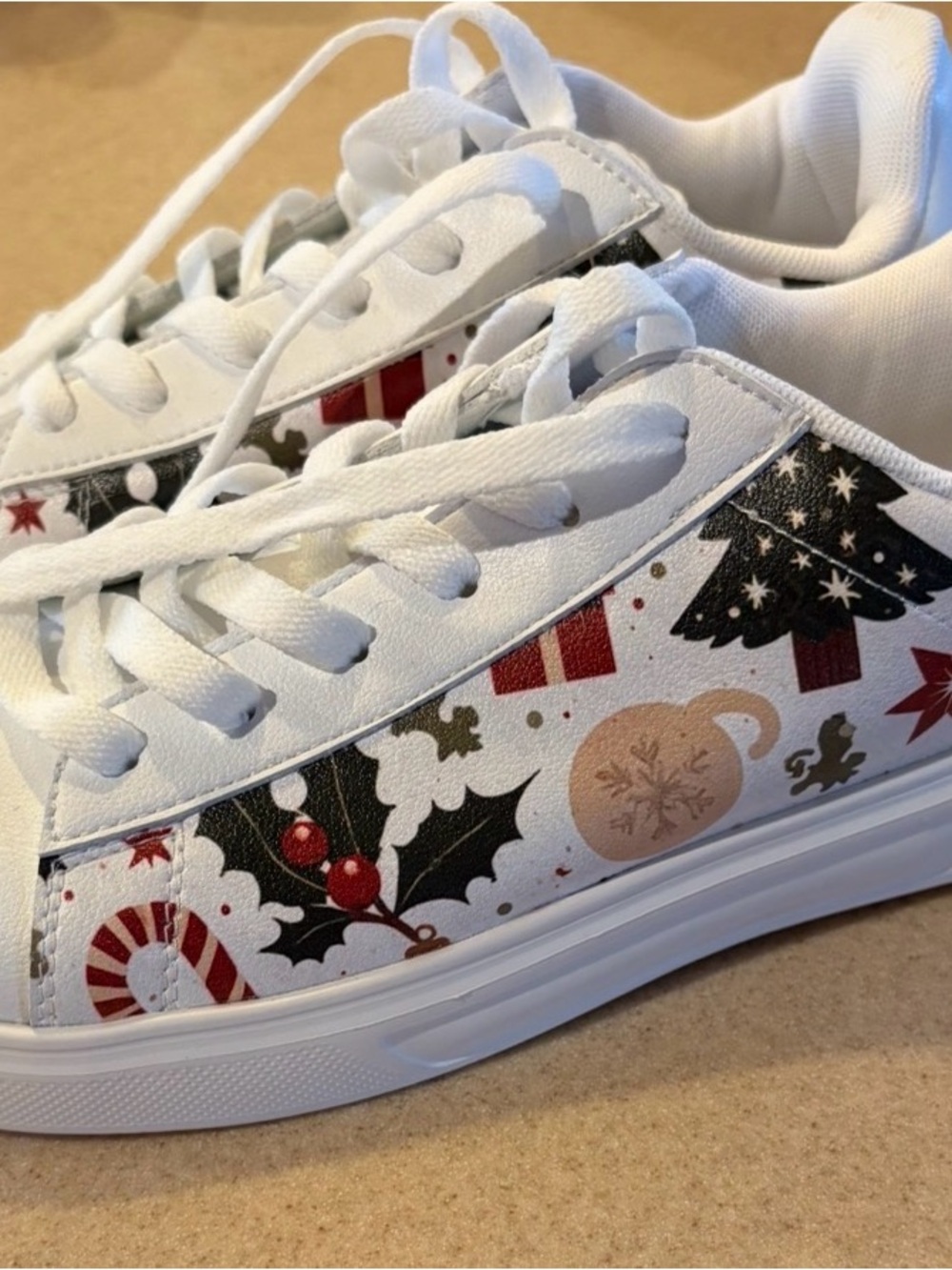 Amazon White Holiday Print Lace-Up Sneakers with Red & Green Accents